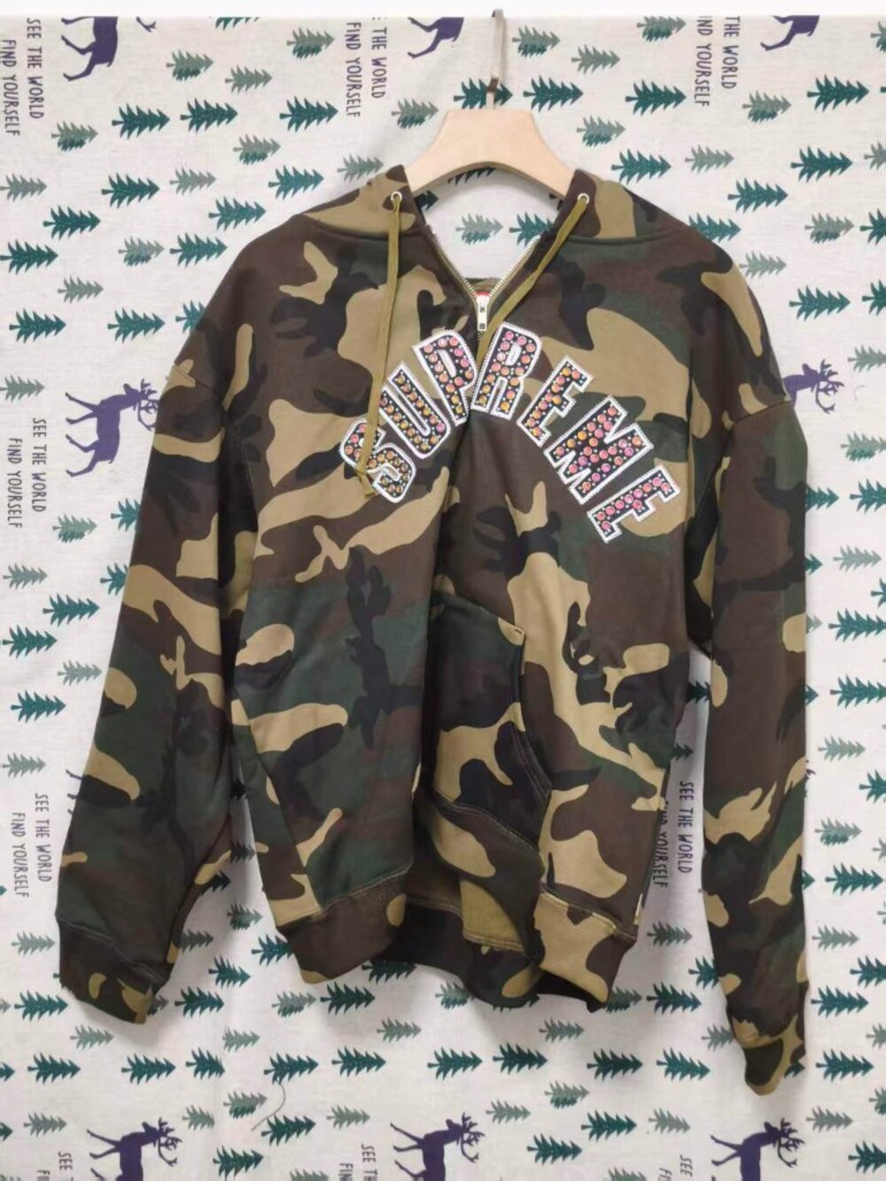 Supreme Camo Rhinestone Letter Zip-Up Hoodie, Woodland Print